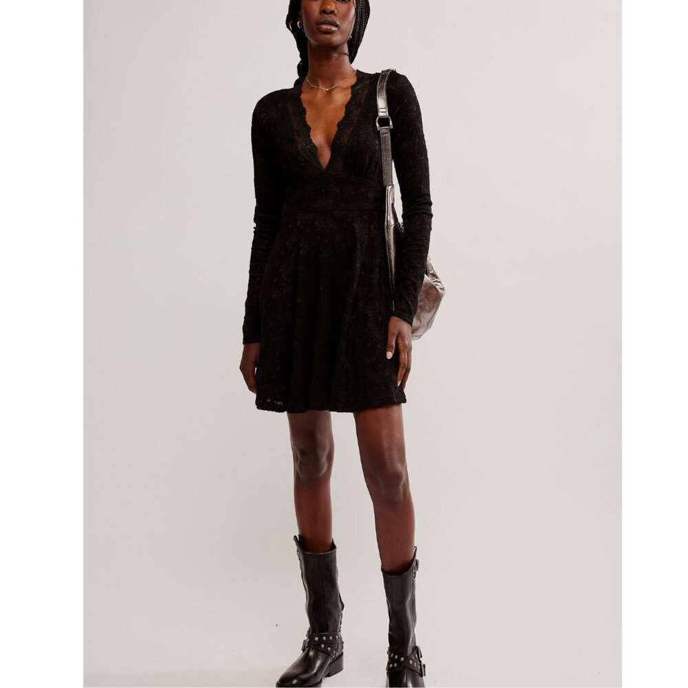 Free People Black Long-Sleeve Lace Mini Dress New with tags